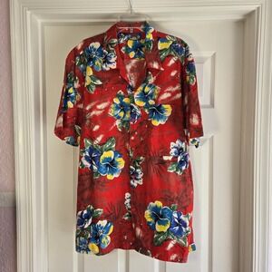 Hawaii Blues Hawaiian Shirt Mens Size L‎ Red  And Floral Short Sleeve Cotton USA